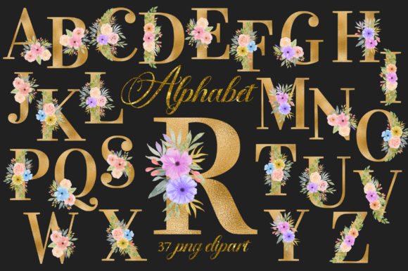Download Gold Romantic Floral Alphabet Numbers - Premium Bundle